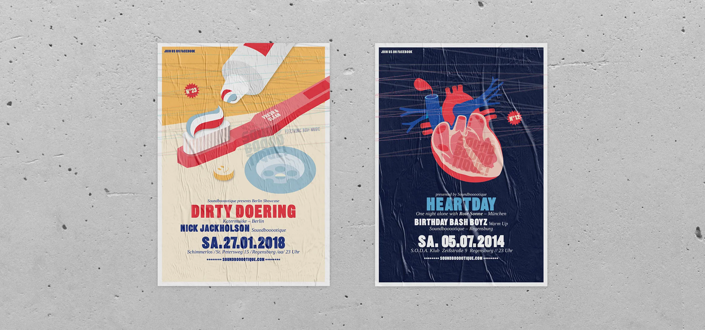 Plakate und Illustrationen mit Zahnbürste und Herz, die wir für den Kunden Soundbooootique umgesetzt haben.